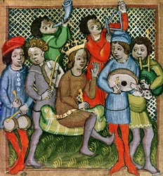Zittende gekroonde figuur omringd door muzikanten die luit, doedelzak, driehoek, hoorn, altviool en drums spelen (manuscript)
